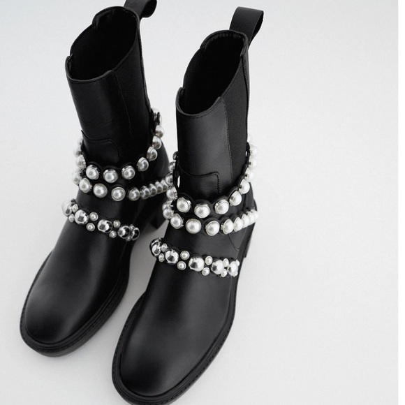 ZARA PEARL STRAP LOW HEELED LEATHER ANKLE BOOTS - Picture 2 of 13